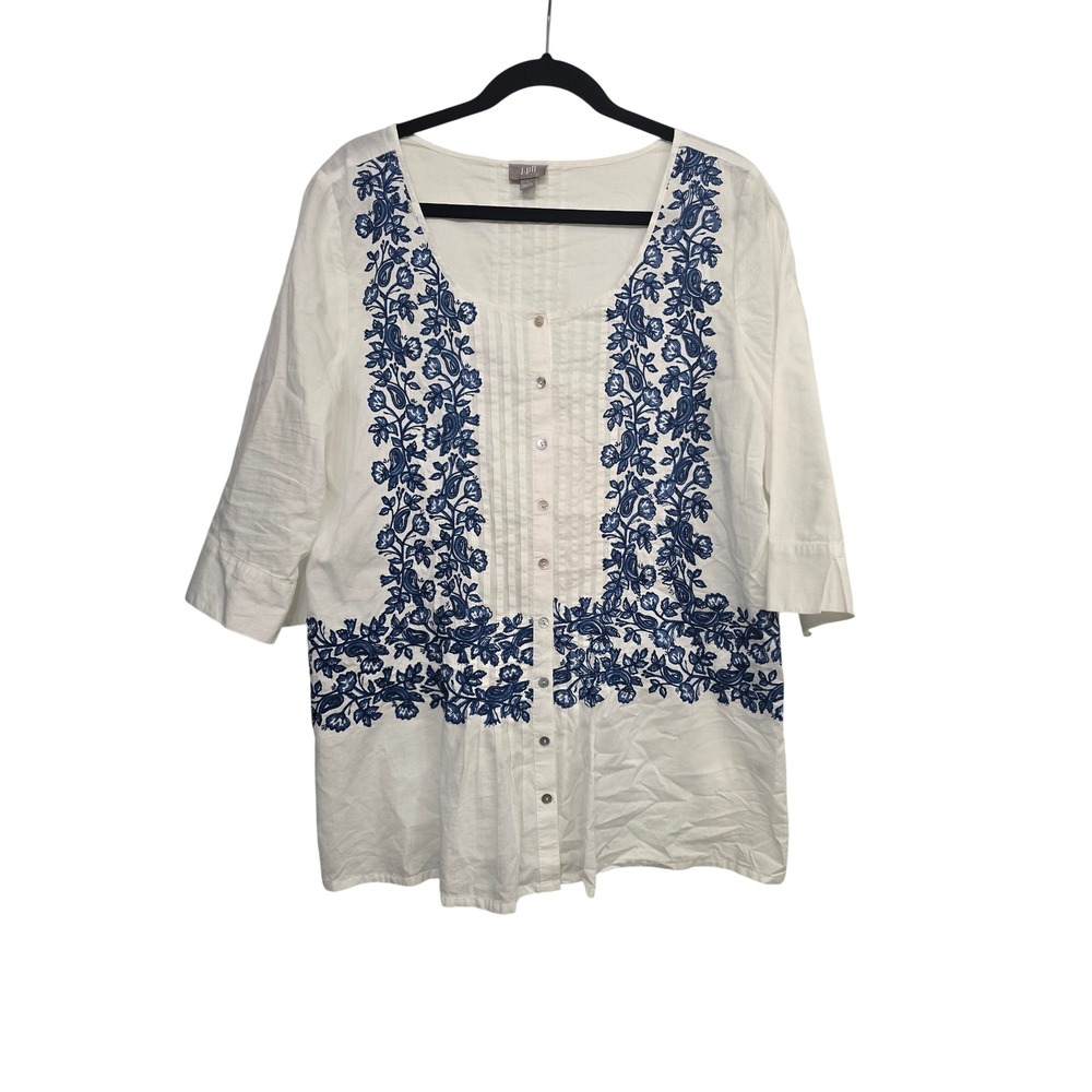 J Jill White Blue Embroidered Tunic Blouse Cotton Boho Cottagecore Coastal L